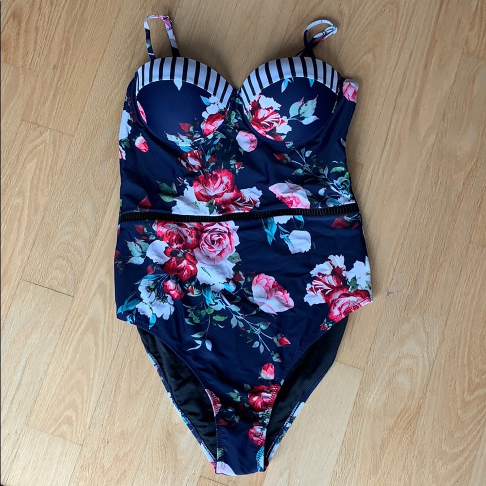 Cupshe Navy Floral One-Piece Swimsuit with Pink & Red Roses